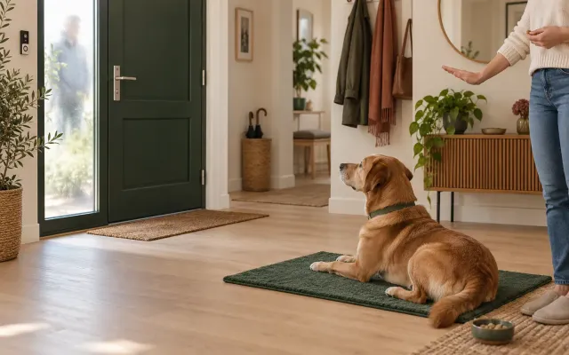 Hund reagiert aufmerksam auf ein Geräusch an der Tür