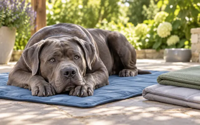 Hund liegt auf einer Kühlmatte