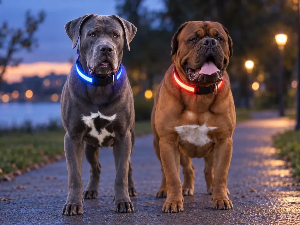 LED-Leuchthalsband am Hund in der Dämmerung