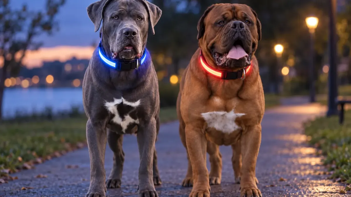 LED-Leuchthalsband am Hund in der Dämmerung