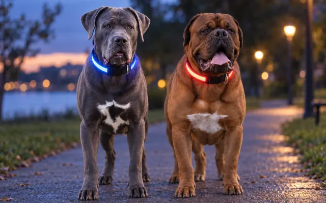 LED-Leuchthalsband am Hund in der Dämmerung