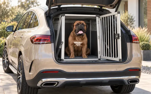 Hund in einer Transportbox im Auto